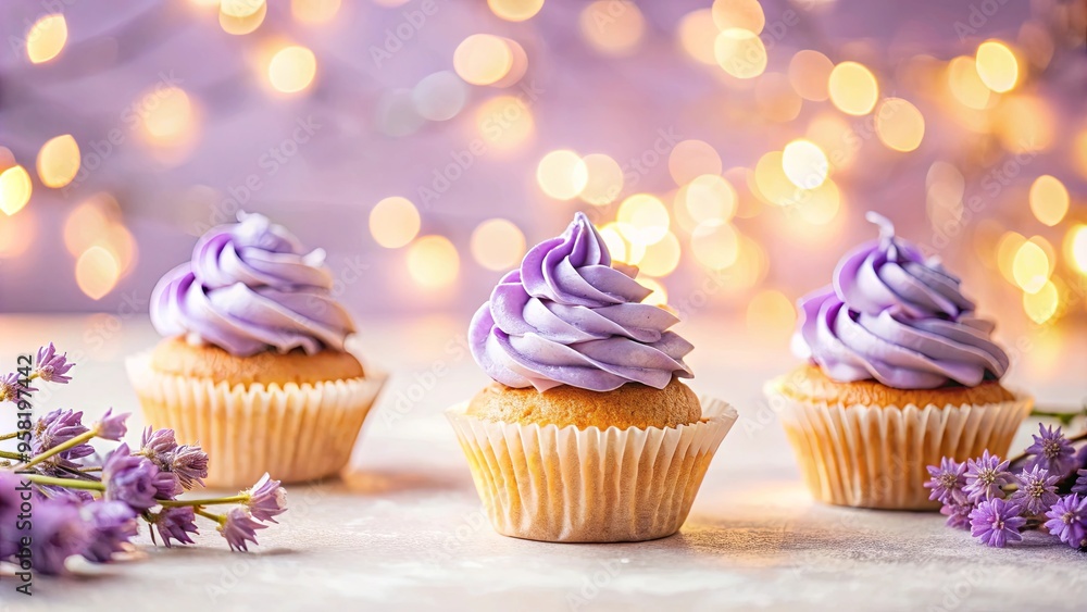 Delicate lavender cupcakes on a soft floral background with light bokeh effects