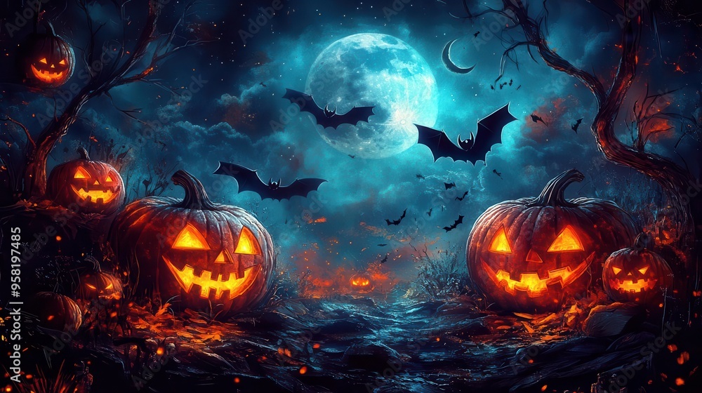 whimsical halloween scene with glowing jackolanterns flying bats silhouettes against moonlit sky eerie atmosphere whimsical halloween scene with glowing jackolanterns flying bats silhouettes against moonlit sky eerie atmosphere