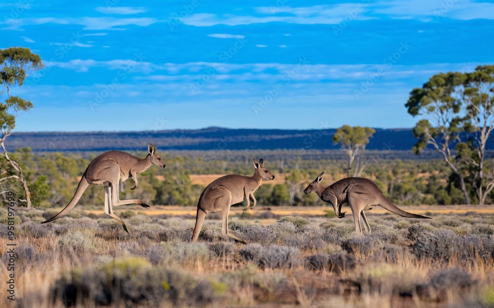 Fototapeta premium Outback Landscape with Kangaroos: Vast Australian Scene with Open Space