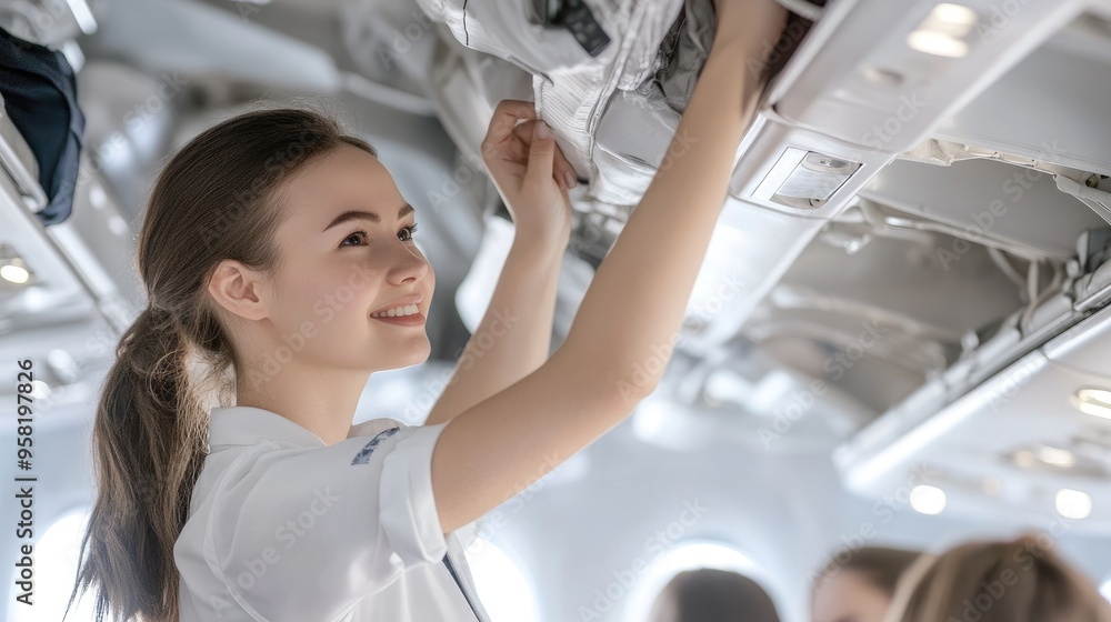 Air stewardess assisting a passenger with placing luggage in the overhead compartment, her demeanor friendly and helpful Air stewardess assisting a passenger with placing luggage in the overhead compartment, her demeanor friendly and helpful
