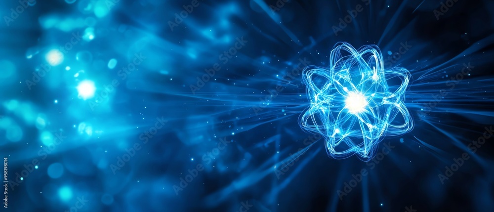 Abstract representation of an atom with glowing particles and radiant energy in a vibrant blue background. Abstract representation of an atom with glowing particles and radiant energy in a vibrant blue background.