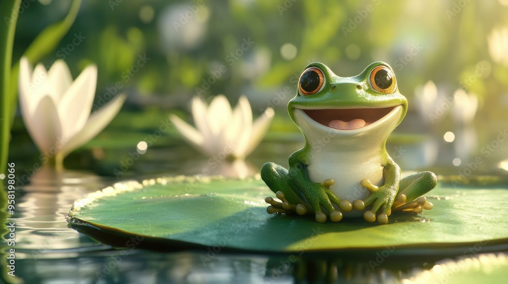 A Smiling Green Frog Resting on a Lily Pad A Smiling Green Frog Resting on a Lily Pad