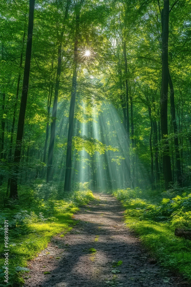 Obraz premium Forest Road Illuminated by Sunrays
