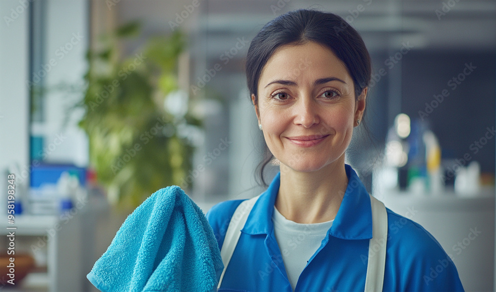 Portrait of a middle-aged cleaner who holds a cloth in the hand Portrait of a middle-aged cleaner who holds a cloth in the hand