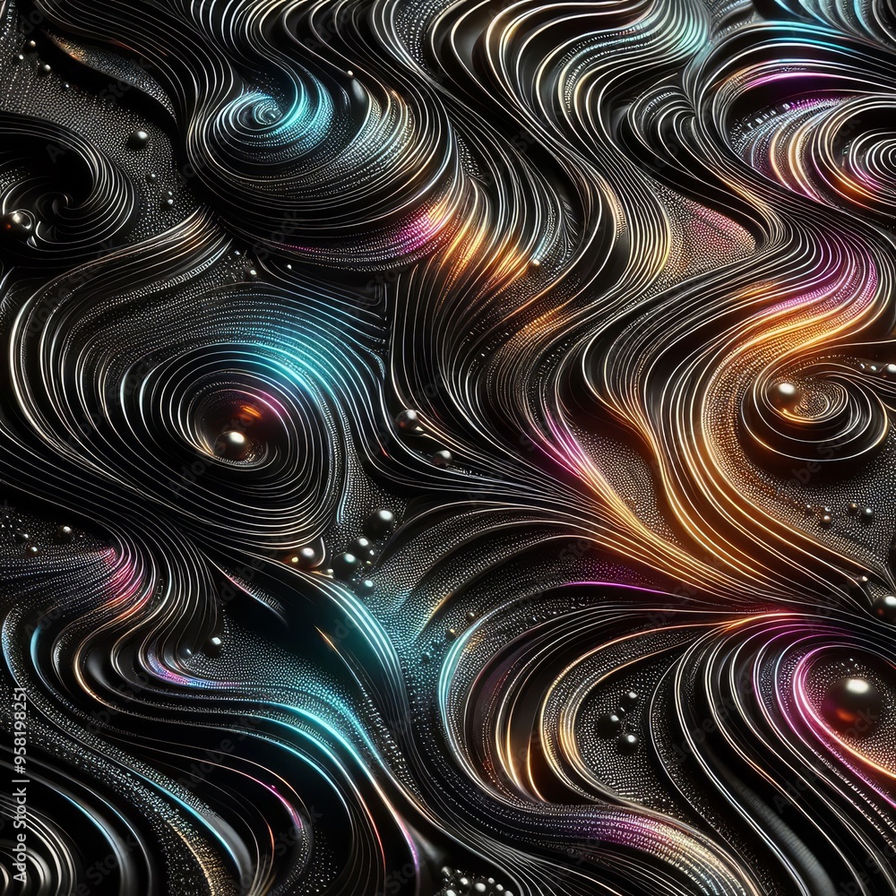 Black Background with Iridescent Neon Highlights. Undulations and Swirls create a Luxury Surface Texture.
Black Background with Iridescent Neon Highlights. Undulations and Swirls create a Luxury Surface Texture.