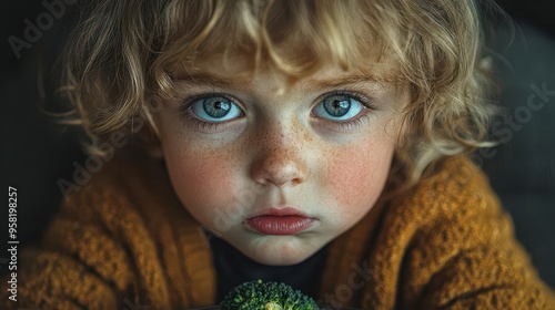 whimsical kitchen scene pouting child facing broccoli plate exaggerated expressions warm lighting retro appliances playful color palette storybook style photo