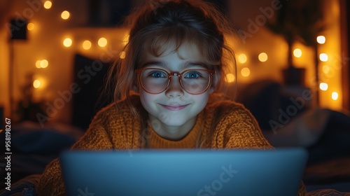 A young girl smiles while using a laptop at night surrounded by warm, glowing lights in a cozy indoor setting