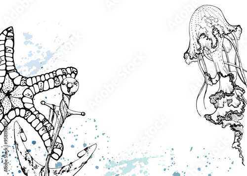 Jellyfish, starfish with anchor, splash Marine life, sea ocean underwater creatures, Ink and pen sketch hand drawn. Border frame illustration isolated on white. Zoo shop, aquarium, cosmetics, resort