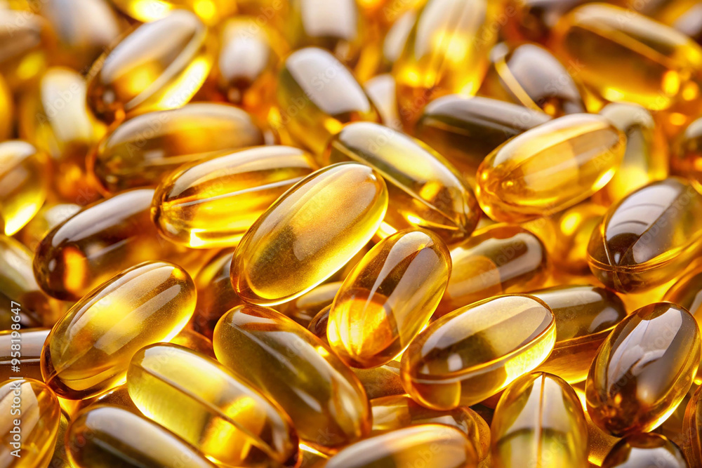 Close-up view of shiny omega 3 capsules in a pile Close-up view of shiny omega 3 capsules in a pile