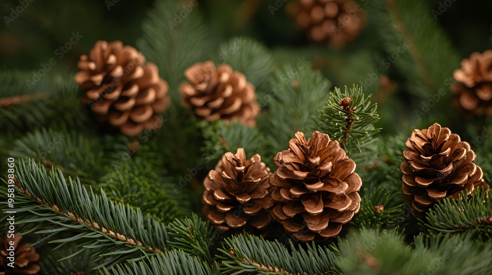 Natural Pine Branches with Pinecones: A natural, rustic background featuring Christmas tree branches with pinecones, evoking a traditional holiday vibe. Natural Pine Branches with Pinecones: A natural, rustic background featuring Christmas tree branches with pinecones, evoking a traditional holiday vibe.
