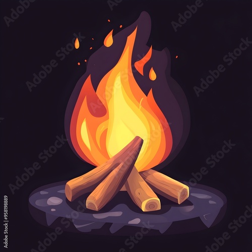 Vibrant Cartoon Style Campfire with Glowing Embers and Flames in Cozy Outdoor Setting photo