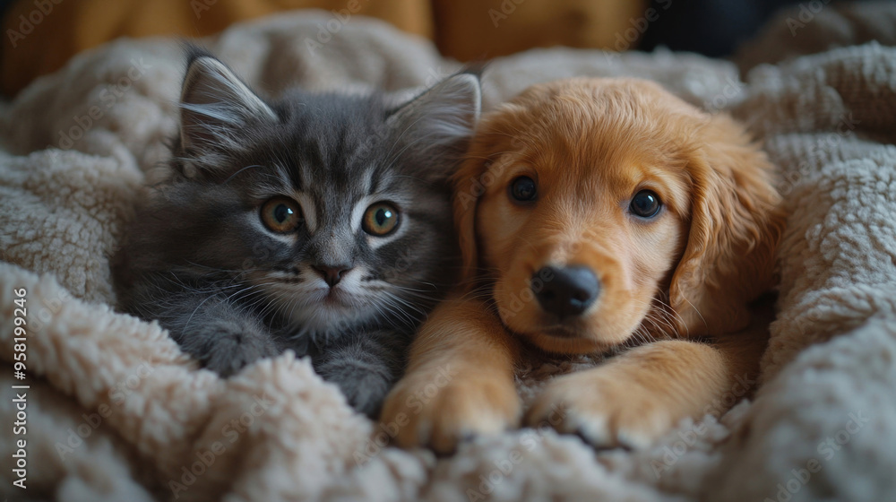 Golden retriever puppy and grey kitten snuggle together on a cozy blanket Golden retriever puppy and grey kitten snuggle together on a cozy blanket