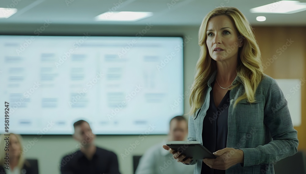 Obraz premium Businesswoman Giving Presentation with Tablet in Office Meeting