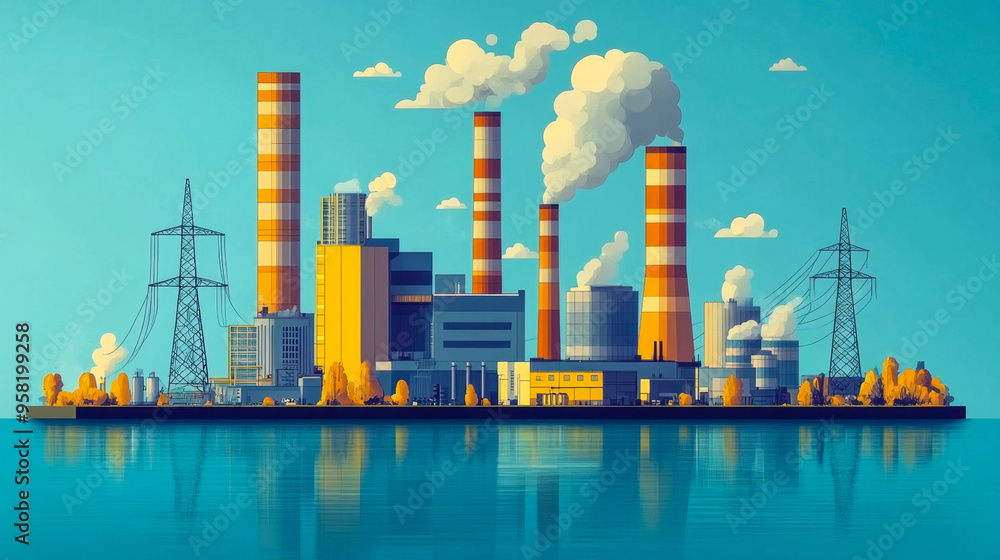 Obraz premium Industrial power plant smokestacks emitting pollution, raising environmental worries