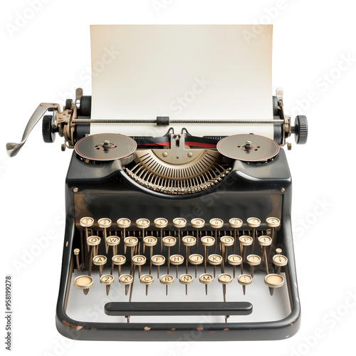 Vintage typewriter with blank paper set against a clear background. Timeless elegance and nostalgic charm captured in a minimalist composition. photo