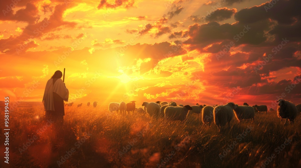 Fototapeta premium A man is leading a flock of sheep in a field