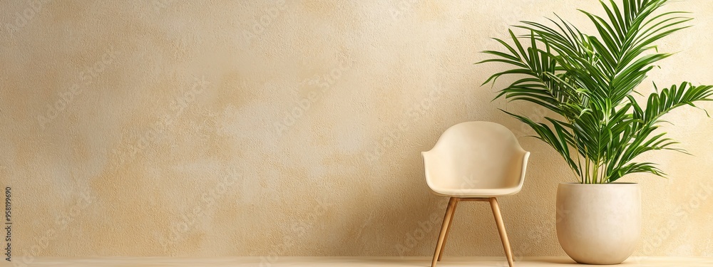 A white chair beside a plant in a white vase atop a wooden table, before a beige wall A white chair beside a plant in a white vase atop a wooden table, before a beige wall