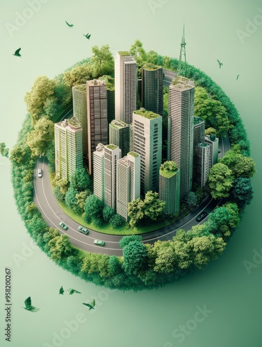 3D rendering of a city with cars and buildings on a green background.