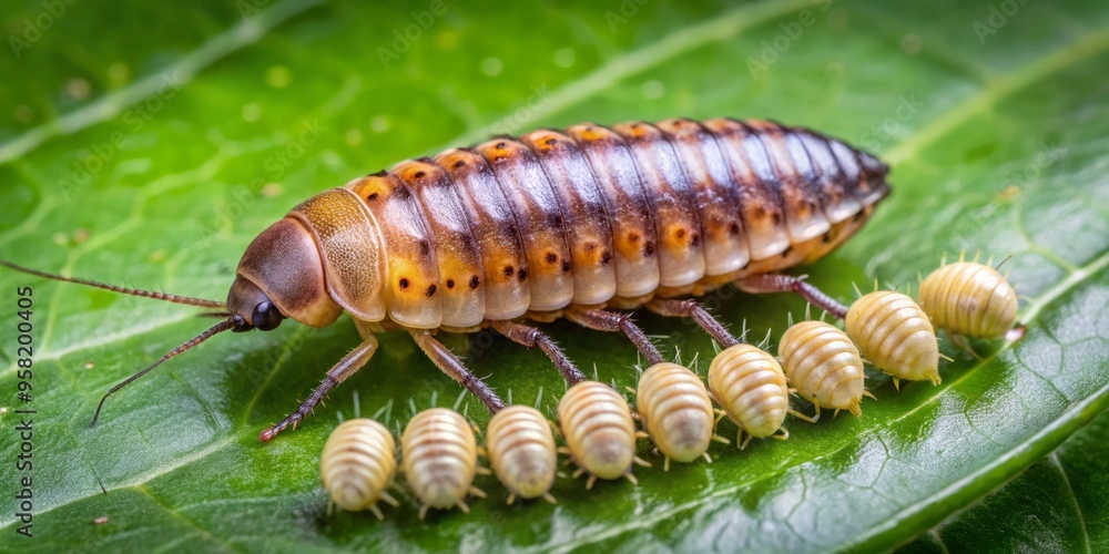 A newly hatched cockroach larva, measuring under 1 centimeter in length, is a tiny, many-segmented creature with a fragile, translucent body. A newly hatched cockroach larva, measuring under 1 centimeter in length, is a tiny, many-segmented creature with a fragile, translucent body.
