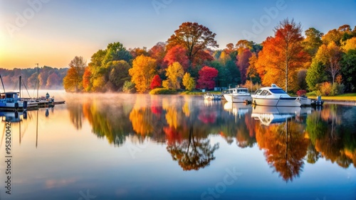 vibrant autumn colors lake norman nc fall foliage reflection symmetry calm peaceful morning misty fog boats docked nature landscape photography photo