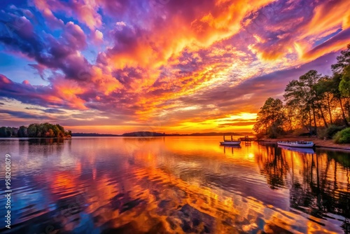 stunning sunset lake norman nc vibrant oranges pinks purples dramatic clouds peaceful calm serene nature landscape photography warm golden light