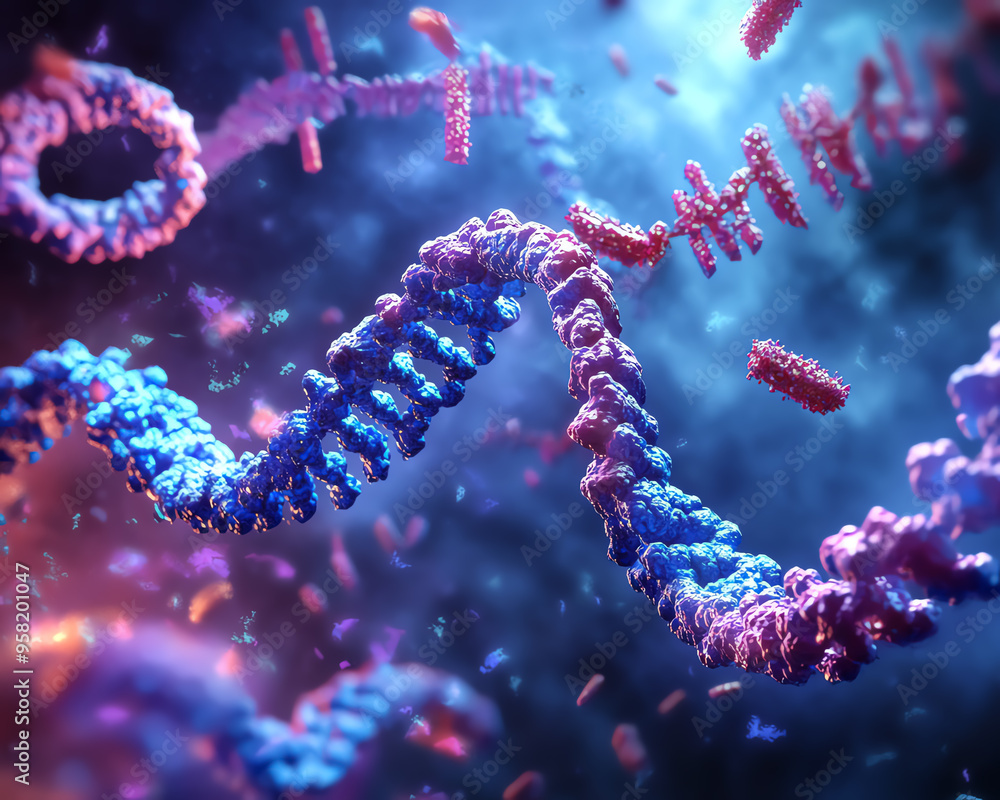 Abstract 3D rendering of a DNA double helix with molecules. Abstract 3D rendering of a DNA double helix with molecules.