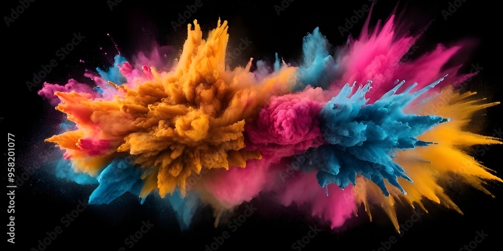 Colorful explosion of powdered pigment creating a vibrant burst against a black backdrop Colorful explosion of powdered pigment creating a vibrant burst against a black backdrop