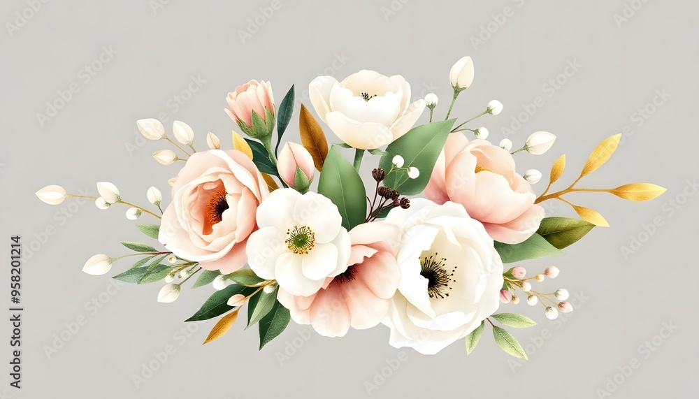 A bouquet of pink and white roses with green leaves isolated on white background, arranged in a natural and elegant composition A bouquet of pink and white roses with green leaves isolated on white background, arranged in a natural and elegant composition