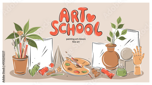 Art school. Workplace, drawing on canvas, artistic stuff. Poster design for painting education. Painters stationery. Vector illustration