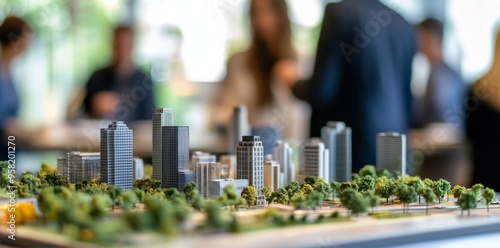 A close-up of an urban model with skyscrapers, greenery, and people interacting in the city center on the table in focus