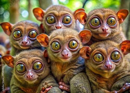 A group of tarsiers pose for a camera, their large, round eyes gleaming with awareness and alertness, their long, thin noses twitching with curiosity. photo