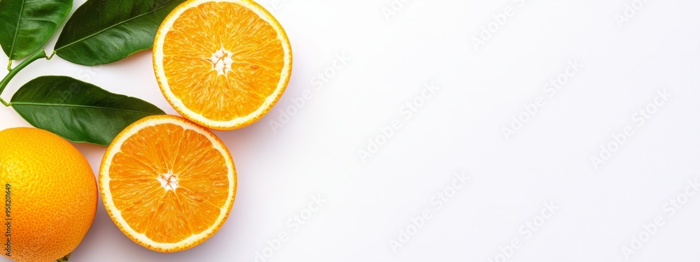 Three oranges, halved, on a white surface with green leaves A solitary orange sits atop the image Three oranges, halved, on a white surface with green leaves A solitary orange sits atop the image