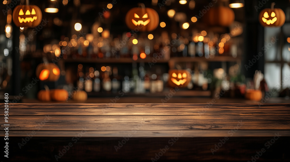 Empty wooden table in front blured halloween decor bar background, product display montage Empty wooden table in front blured halloween decor bar background, product display montage