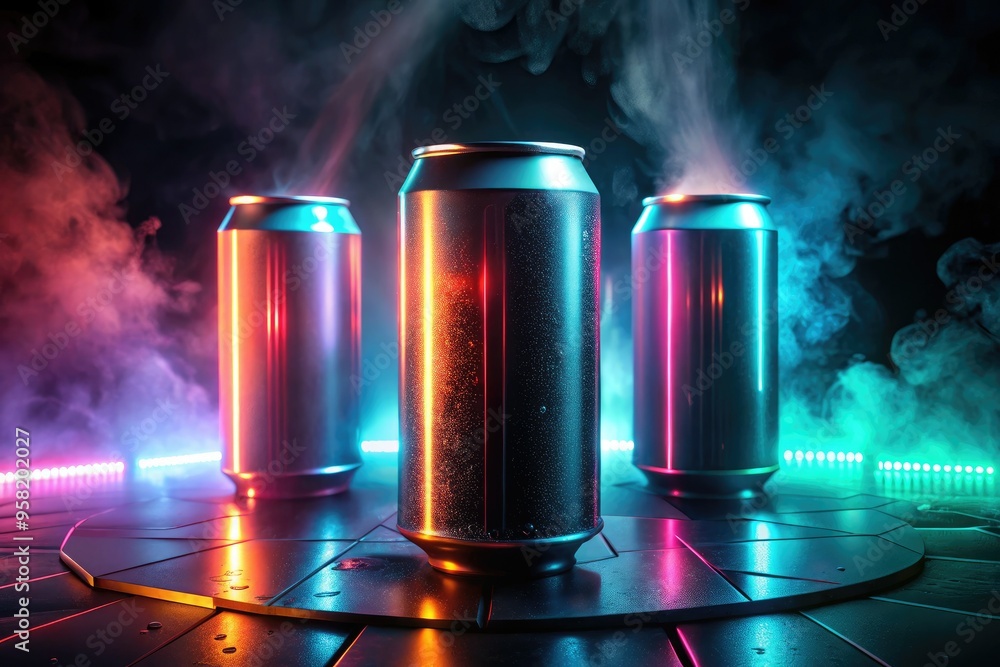 Dark mysterious futuristic slim can concept with neon lights and foggy atmosphere on metallic surfaces and industrial futuristic color palette Dark mysterious futuristic slim can concept with neon lights and foggy atmosphere on metallic surfaces and industrial futuristic color palette