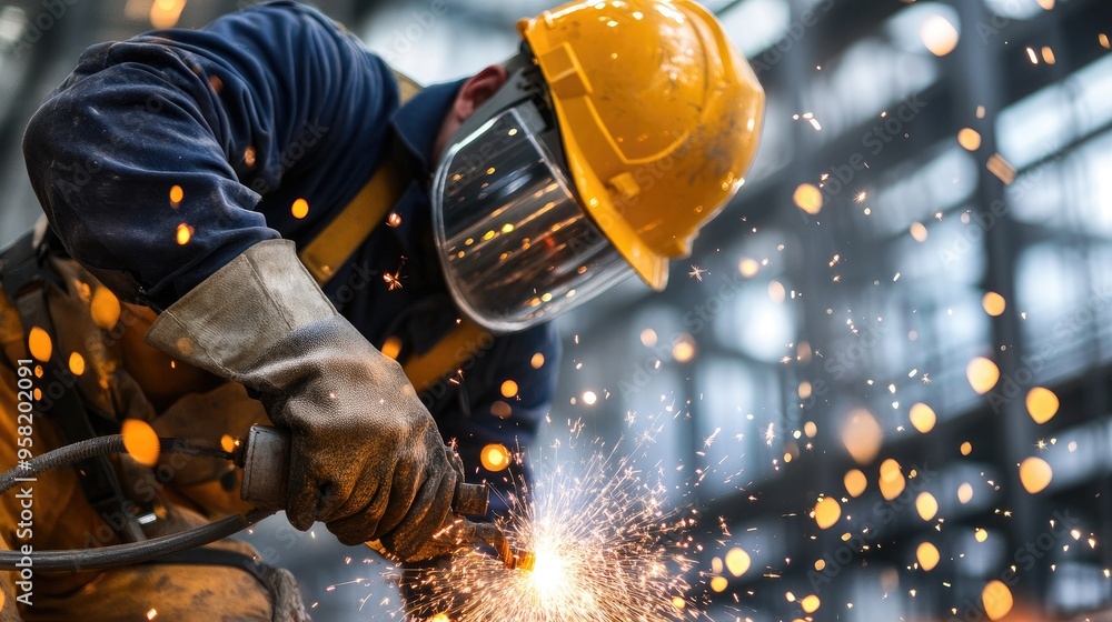 construction worker in full protective gear, cutting through metal pipes with a plasma torch construction worker in full protective gear, cutting through metal pipes with a plasma torch
