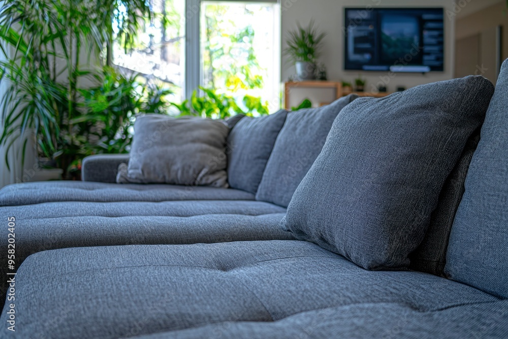 Fototapeta premium Close-up of a Gray Sectional Sofa with Pillows in a Living Room