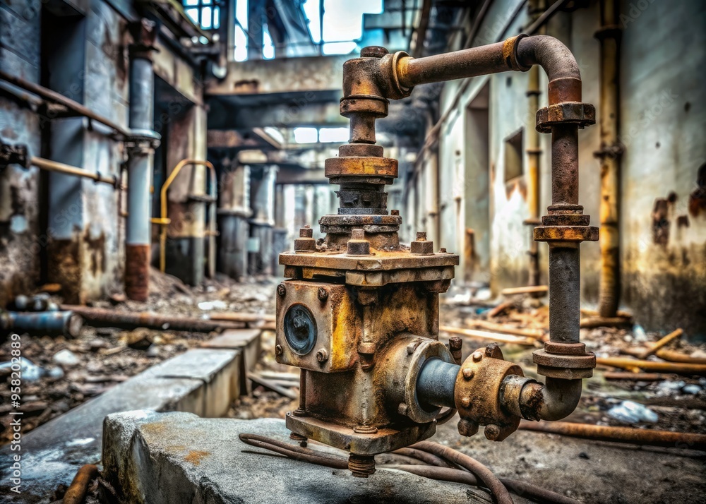 rusted natural gas meter amidst abandoned industrial site, crumbling concrete, and twisted metal, stark desaturated colors, haunting atmosphere rusted natural gas meter amidst abandoned industrial site, crumbling concrete, and twisted metal, stark desaturated colors, haunting atmosphere