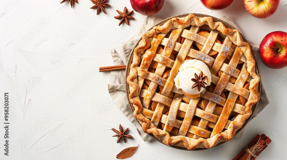 Top view of an apple pie with ice cream topping and decorations. White background with copy space. Template background of the Thanksgiving seasonal for social media post. Top view of an apple pie with ice cream topping and decorations. White background with copy space. Template background of the Thanksgiving seasonal for social media post.