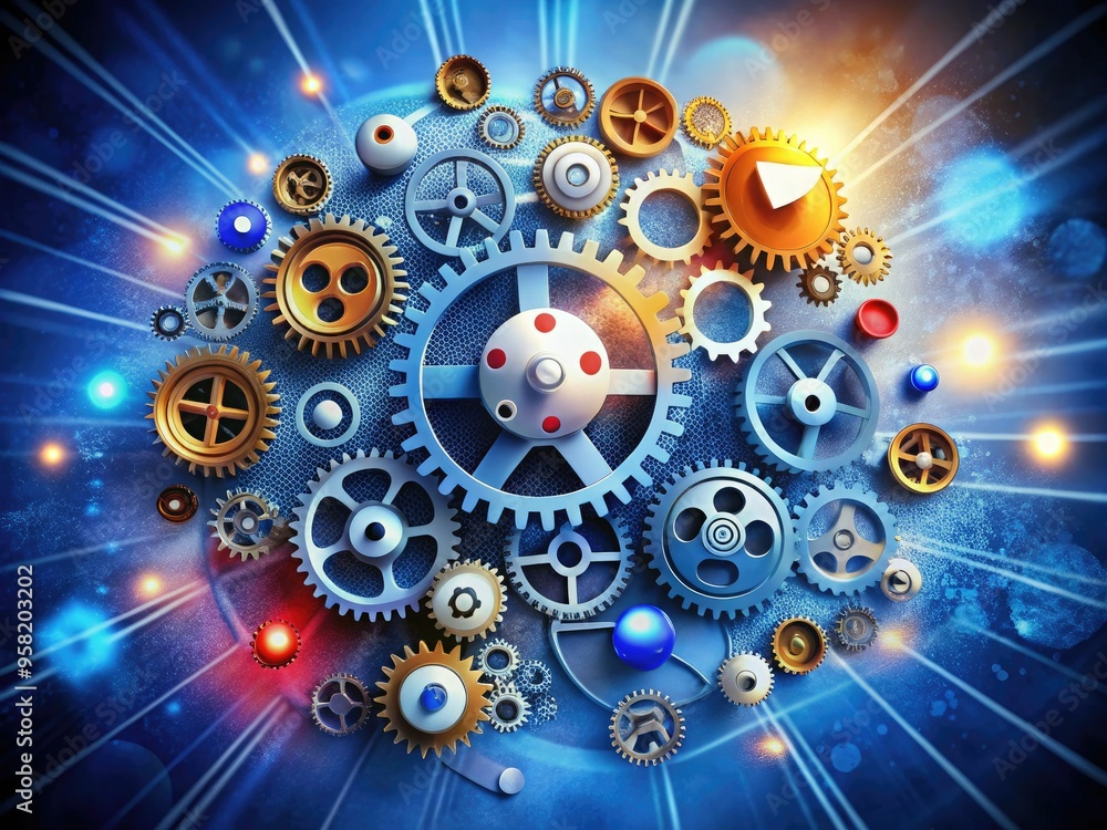 Obraz premium Innovative conceptual illustration featuring gears, cogs, and social media icons, showcasing the company's ability to drive digital momentum.
