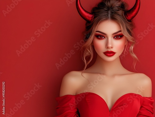 Portrait of Alluring Devil Woman with Crimson Makeup and Horns in Fiery Photoshoot