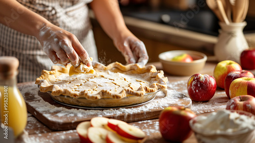 Close up of a woman hands making an apple pie crust in a kitchen. Background for of the Thanksgiving seasonal or bakery and pastry business.