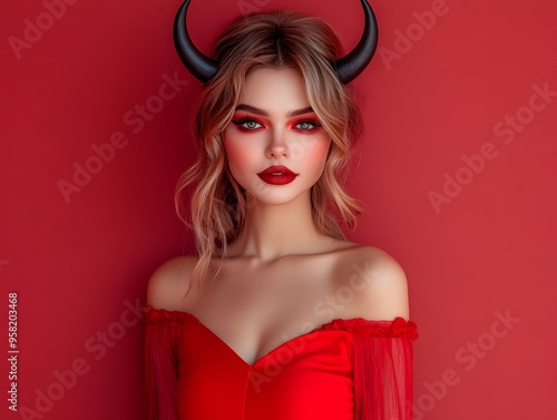 Wallpaper Mural Alluring Woman Dressed as Devil for Halloween with Red Dress  Devil Horns and Dramatic Makeup on Color Background Torontodigital.ca