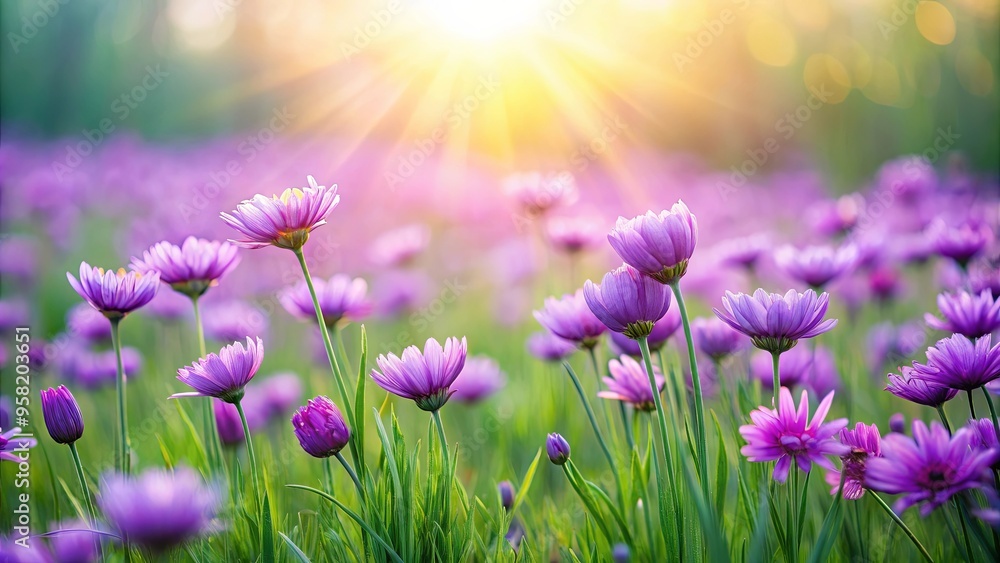 Obraz premium Field of purple flowers on grass with soft blurred light in background