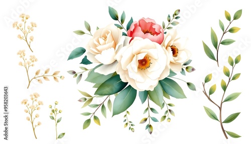 A bouquet of pink and white roses with green leaves and stems, arranged in a natural and elegant composition