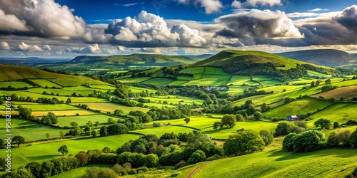 The image captures the serenity of County Tyrone, Ireland, showcasing vast lush green hills and valleys that stretch as far as the eye can see.