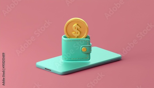 Wallpaper Mural A digital wallet with a dollar coin, showcasing modern finance and cashless transactions in a vibrant, minimalistic design. Torontodigital.ca