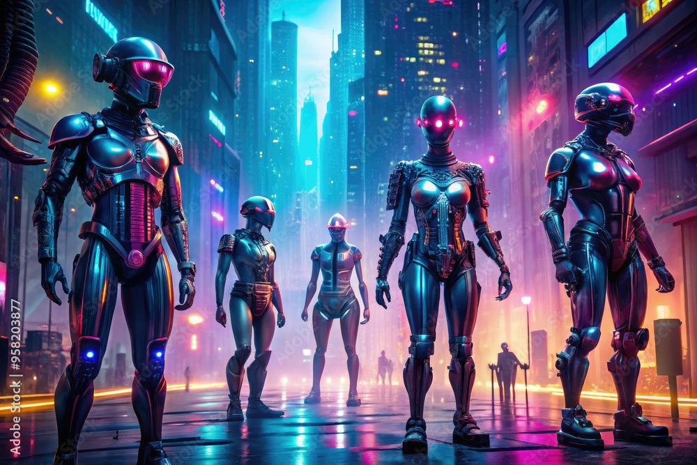 futuristic cyborgs in neon-lit cityscapes questioning AI ethics with metallic limbs and virtual reality headsets in moody shadows futuristic cyborgs in neon-lit cityscapes questioning AI ethics with metallic limbs and virtual reality headsets in moody shadows