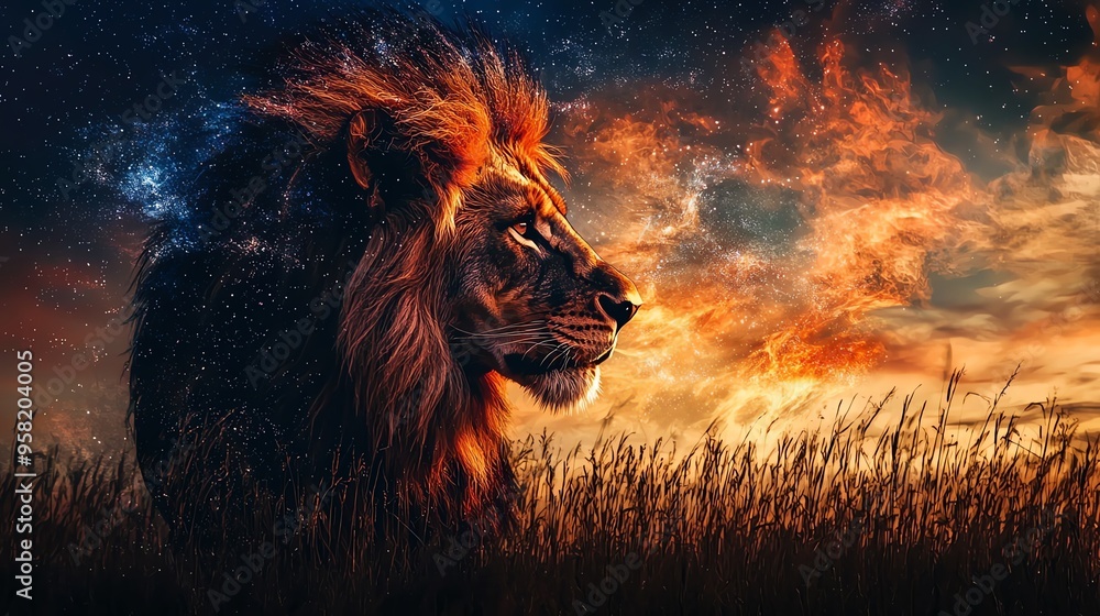 Naklejka premium Fiery lion silhouette against a dramatic sunset sky.