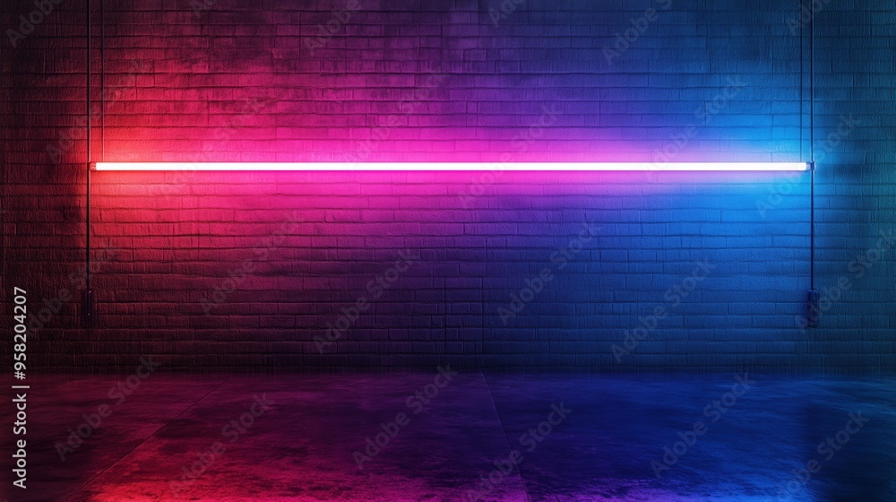 A minimalist neon light bar emitting pink and blue hues, mounted on a textured brick wall, creates a modern, atmospheric ambiance. A minimalist neon light bar emitting pink and blue hues, mounted on a textured brick wall, creates a modern, atmospheric ambiance.