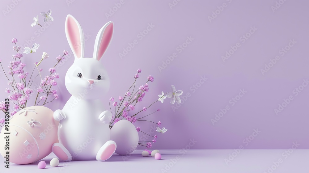 An Easter bunny with pink ears sitting next to Easter eggs with purple flowers and butterflies on a purple background. An Easter bunny with pink ears sitting next to Easter eggs with purple flowers and butterflies on a purple background.
